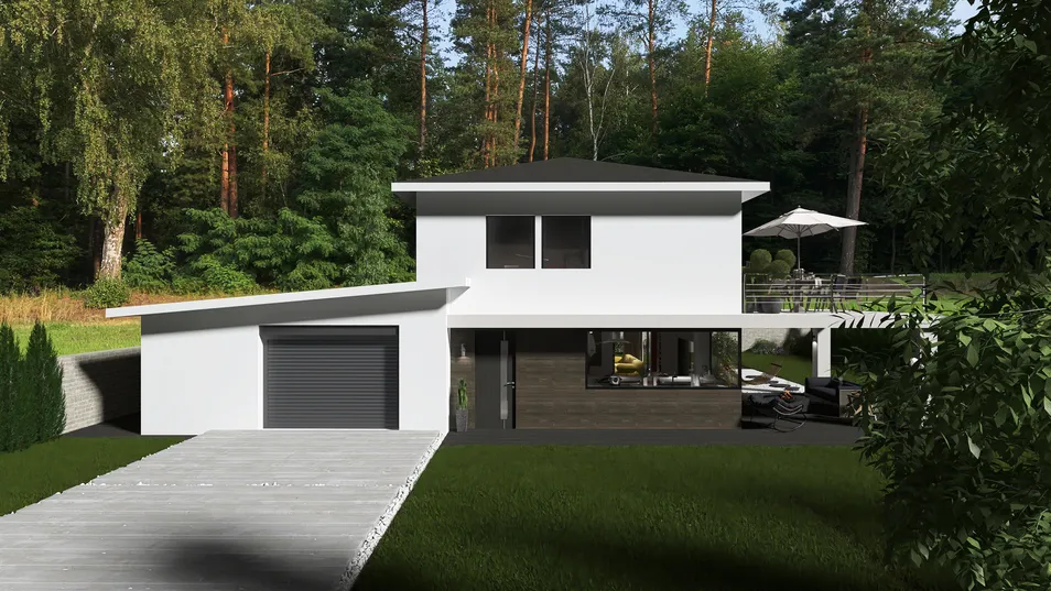modern house exterior design showcasing a contemporary architectural style surrounded by nature featuring a driveway; includes Homestyler's real-time 3D rendering for accurate design previews