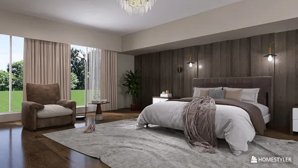 modern bedroom design featuring a cozy armchair and a large window with scenic views, utilizing Homestyler's real-time 3D rendering for quick design previews.