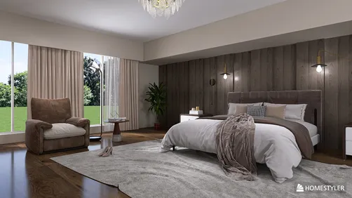 modern bedroom design featuring a cozy armchair and a large window with scenic views, utilizing Homestyler's real-time 3D rendering for quick design previews.