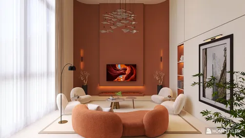 Cozy seating arrangement in a modern living room featuring a soft orange color palette and stylish decor, showcasing interior design with Homestyler's real-time 3D rendering for quick visual previews.