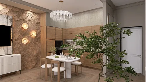 Stylish dining area with a wooden dining table and six chairs, featuring modern lighting and natural elements, showcasing a contemporary interior design using Homestyler's real-time 3D rendering.