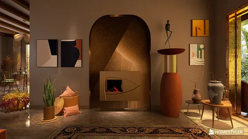 modern fireplace design featuring an artistic arch, warm color palette, and stylish decor elements in a cozy living room, showcasing Homestyler's real-time 3D rendering capabilities.