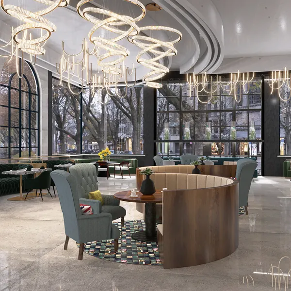 modern lounge area with curved seating arrangement featuring stylish furniture and elegant chandeliers, optimized for collaborative interior decor using Homestyler's real-time 3D rendering.