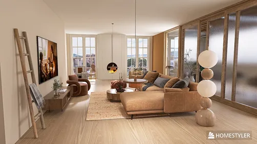 modern living room showcasing a cozy layout with a stylish sofa arrangement, featuring a warm color palette and natural light, designed using Homestyler's real-time 3D rendering function for an immersive interior experience.