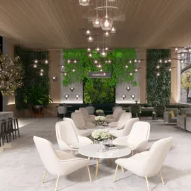 modern lounge area with elegant seating arrangement and greenery wall design, featuring 3D interior rendering to visualize space layout, utilizing Homestyler's real-time 3D rendering feature.