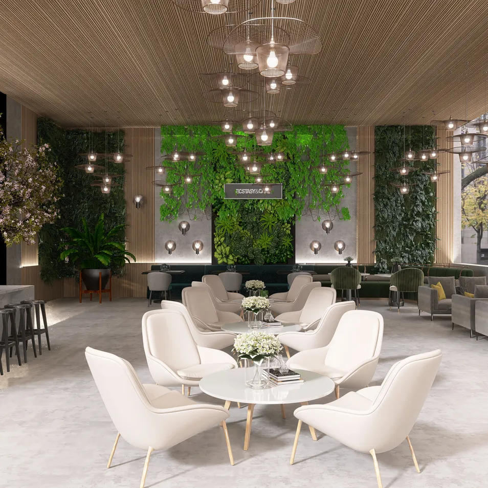 modern lounge area with elegant seating arrangement and greenery wall design, featuring 3D interior rendering to visualize space layout, utilizing Homestyler's real-time 3D rendering feature.