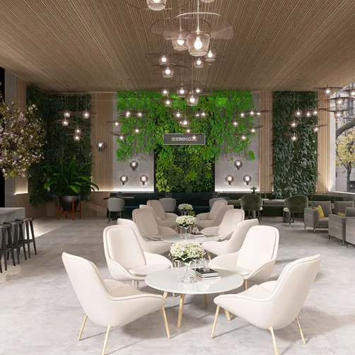 modern lounge area with elegant seating arrangement and greenery wall design, featuring 3D interior rendering to visualize space layout, utilizing Homestyler's real-time 3D rendering feature.