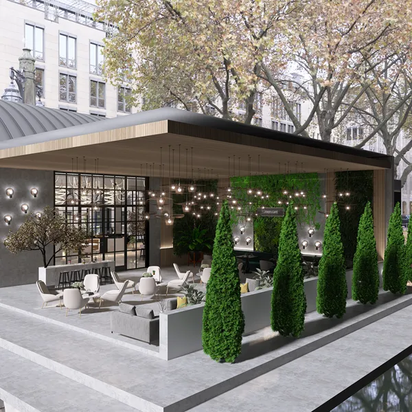 outdoor living area with modern furniture styling and landscaping design showcasing a cozy atmosphere in a backyard space utilizing Homestyler's real-time 3D rendering feature.