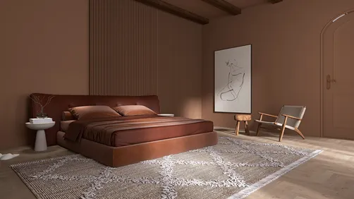 Cozy brown bedroom with modern furniture arrangement, showcasing a warm aesthetic and comfort, featuring Homestyler's real-time 3D rendering to visualize design.