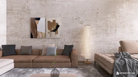 modern living room design featuring a sofa arranged against a textured concrete wall in a minimalist style, showcasing the interior decor capabilities of Homestyler with its real-time 3D rendering feature.
