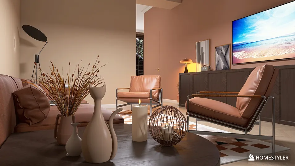 Modern living room with stylish furniture arrangement using Homestyler, featuring a cozy atmosphere and warm color palette, perfect for interior decor inspiration.