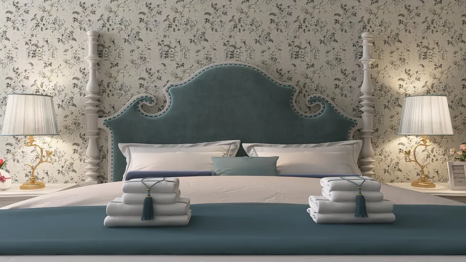 luxurious bed with elegant headboard decorating the bedroom in vintage style showcasing the interior design optimization features of Homestyler