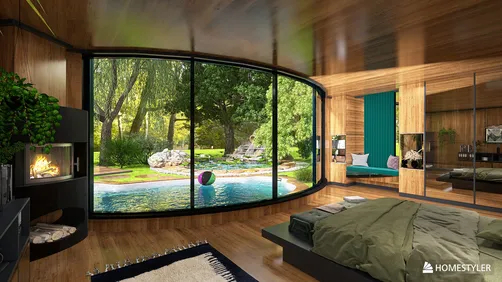modern bedroom design featuring large windows with garden view, creating an open and airy space, utilizing homestyler's real-time 3D rendering for accurate visualization.