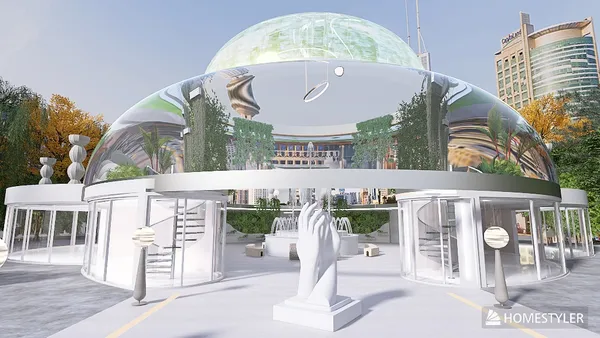 modern architectural design featuring a glass dome with sculptures and greenery, showcasing outdoor space planning with Homestyler's real-time 3D rendering capabilities.