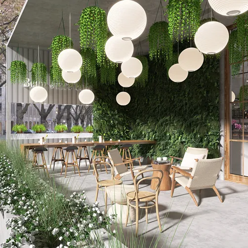 outdoor seating area with hanging lights and lush greenery featuring a modern design style, enhancing outdoor dining experience using Homestyler's real-time 3D rendering