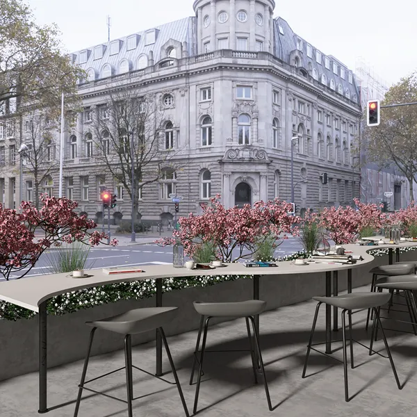 outdoor bar seating overlooking city street with greenery and modern aesthetic featuring Homestyler's real-time 3D rendering for interior decor visualization