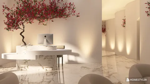 modern office reception design featuring a minimalist desk with decorative flowering tree, elegant marble flooring, showcasing Homestyler's real-time 3D rendering feature for interior design preview
