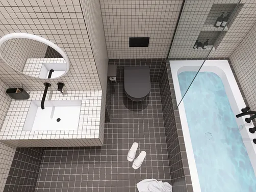 modern bathroom design featuring a bathtub, sink, and toilet with a minimalist style, showcasing Smart Furniture Arrangement for optimal space utilization in interior decor.