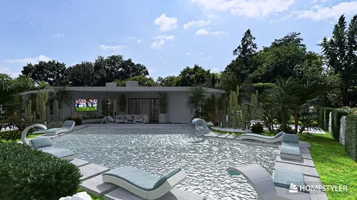 outdoor swimming pool area showcasing modern lounge chairs and landscaping design in a contemporary style, featuring Homestyler's real-time 3D rendering technology for effective outdoor space visualization.