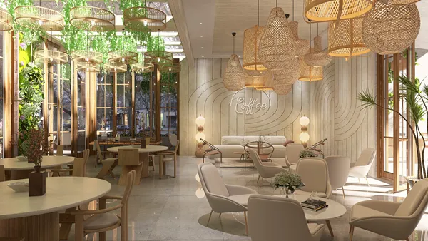 modern restaurant interior design featuring bamboo pendant lights and greenery, creating a warm and inviting atmosphere; ideal for enhancing dining experiences in Homestyler's AR-based furniture placement.