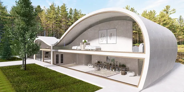 modern house exterior showcasing innovative curved design featuring an open living area and rooftop terrace, enhancing outdoor living space; includes Homestyler's real-time 3D rendering feature for effective design presentation.