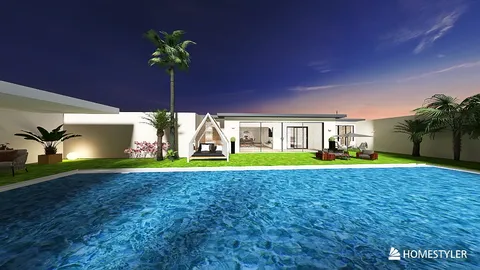 modern villa exterior design showcasing a swimming pool and lush landscaping at twilight, emphasizing outdoor living space, featuring Homestyler's real-time 3D rendering.
