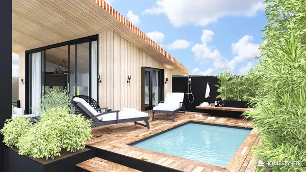 modern outdoor deck featuring a swimming pool and lounge chairs in a minimalist style, enhancing outdoor living space with Homestyler's real-time 3D rendering.