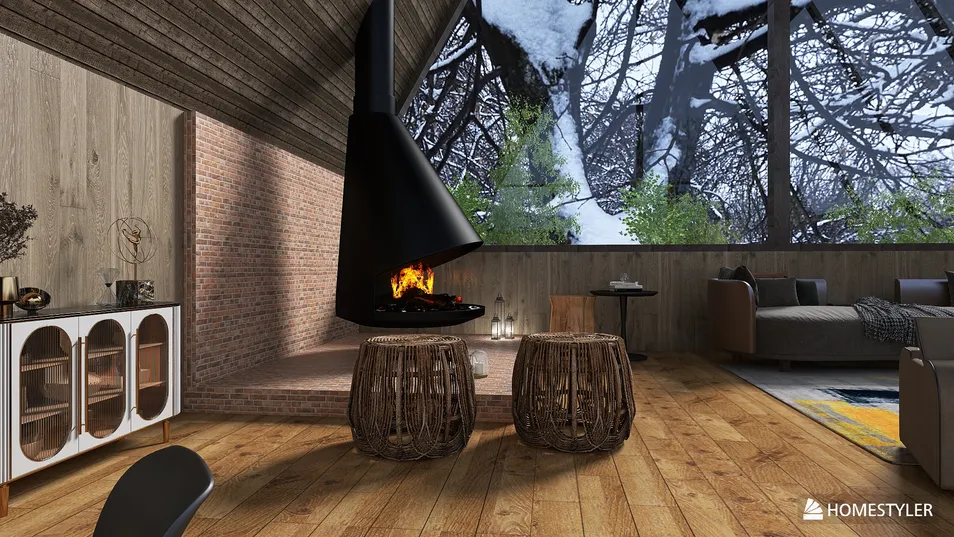 modern interior design featuring a suspended fireplace with wooden accents, creating a cozy atmosphere for a winter retreat, utilizing Homestyler's real-time 3D rendering for a stunning preview.