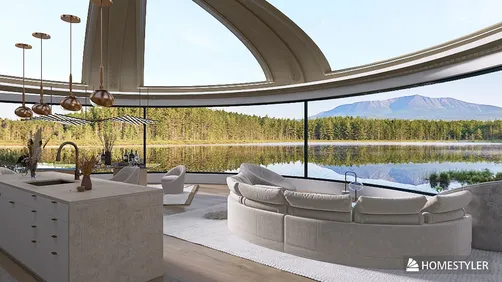 modern living room featuring panoramic windows and scenic view, showcasing 3D interior design with a focus on natural lighting and open space, leveraging Homestyler's real-time 3D rendering for design previews.