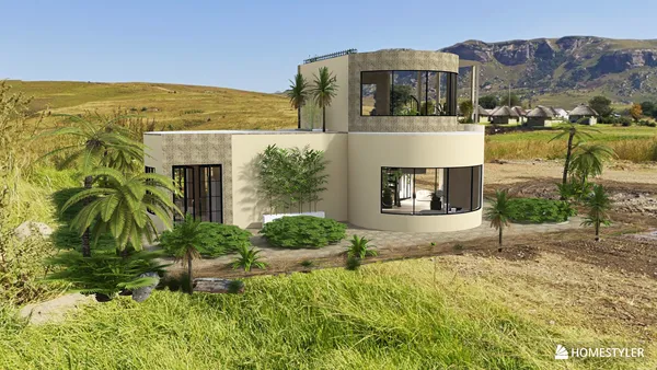 modern house exterior design showcasing sustainable architecture with green landscaping and mountain backdrop, utilizing Homestyler's real-time 3D rendering feature.
