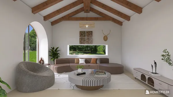 modern living room with curved sofa and round coffee table showcasing 3D interior design using Homestyler's real-time rendering feature