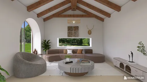 modern living room with curved sofa and round coffee table showcasing 3D interior design using Homestyler's real-time rendering feature