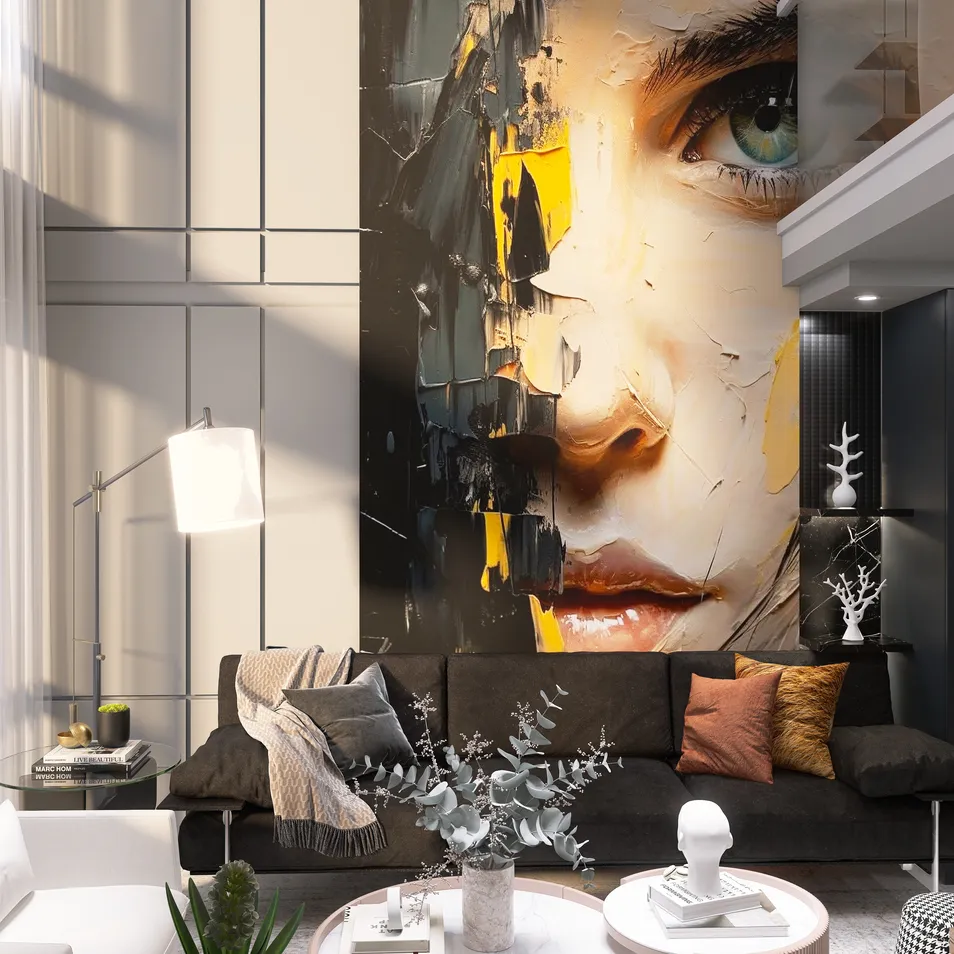 Artistic mural with a close-up face design, enhancing modern living room aesthetics with contemporary elements, utilizing Homestyler's real-time 3D rendering feature.