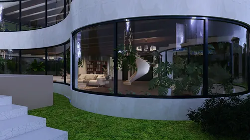 curved glass windows showcasing a modern interior living space with plants and comfortable furniture, emphasizing interior decoration for creating an inviting atmosphere, featuring Homestyler's real-time 3D rendering for design previews.