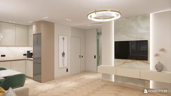 Modern living room design featuring a sleek TV cabinet and stylish wall decor, utilizing Homestyler's real-time 3D rendering for an immersive design proposal experience.