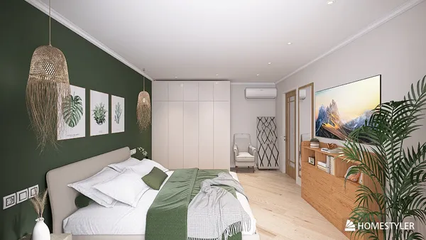 Cozy bedroom design with a green accent wall featuring botanical art, showcasing a modern layout with smart furniture arrangement, utilizing Homestyler's 3D rendering feature for realistic visualization.