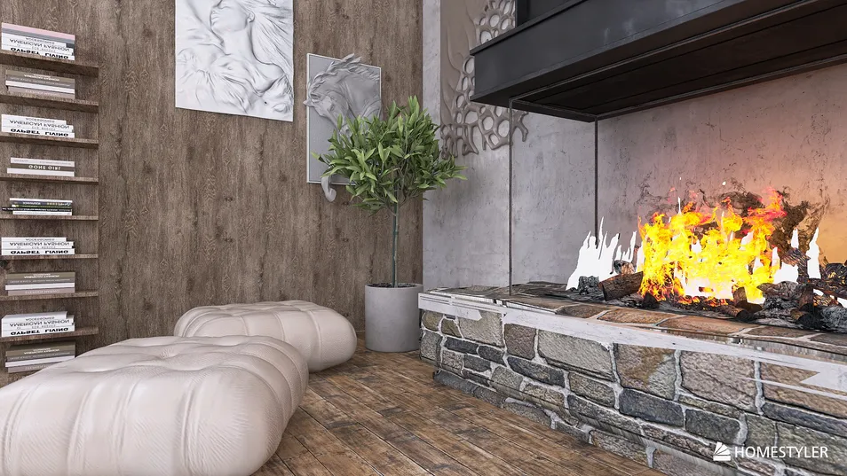 cozy living room with a fireplace featuring a modern design style and natural materials, showcasing Homestyler's real-time 3D rendering for quick visual previews.