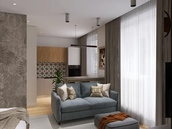 living room with a stylish sofa and modern decor featuring a cozy atmosphere, showcasing interior design using Homestyler's smart furniture arrangement feature for small space optimization.