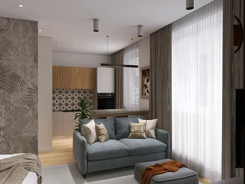 living room with a stylish sofa and modern decor featuring a cozy atmosphere, showcasing interior design using Homestyler's smart furniture arrangement feature for small space optimization.