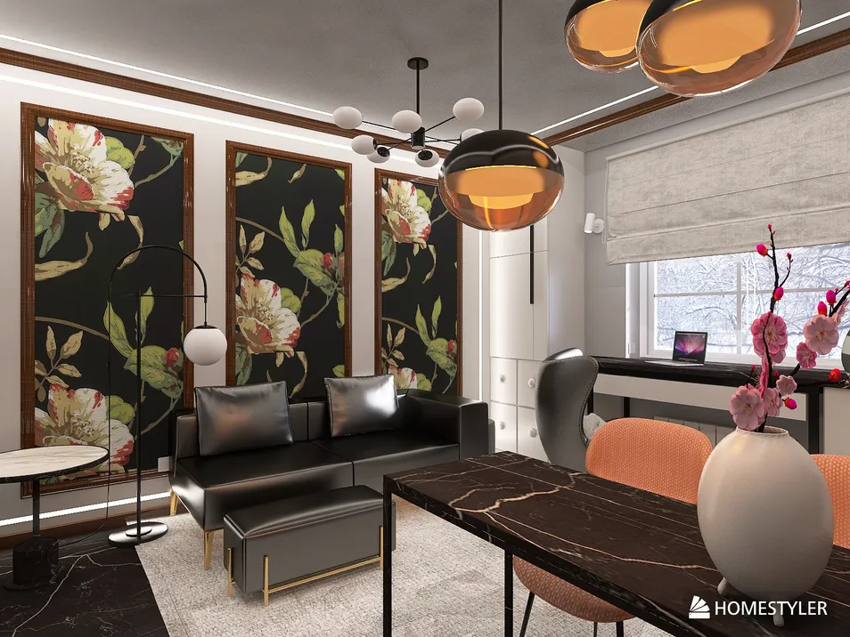 Stylish living room showcasing floral wall decor and modern furniture arrangement in a contemporary style, featuring Homestyler's real-time 3D rendering for design visualization.