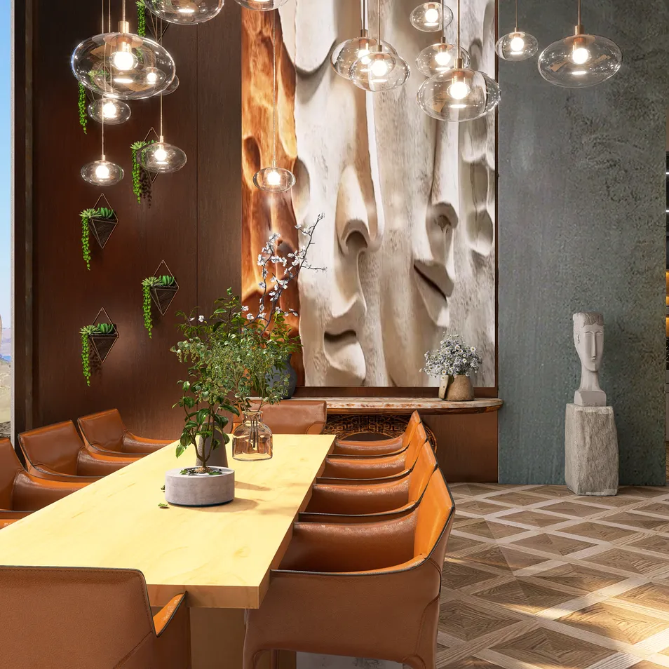 A modern dining area featuring a long wooden table arranged with stylish brown chairs, illuminated by artistic hanging pendant lights, showcasing a sophisticated blend of textures and colors, ideal for a contemporary interior design concept using Homestyler's real-time 3D rendering feature.