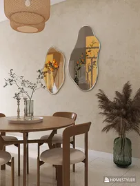 Modern dining area featuring a wooden table with round chairs, styled with decorative vases and mirrors on the wall, embodying a minimalist aesthetic, utilizing Homestyler's real-time 3D rendering to preview design.
