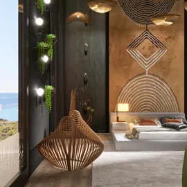 modern living room design featuring a stylish hanging chair and unique wall art, showcasing an open and airy space that emphasizes nature, utilizing Homestyler’s real-time 3D rendering functionality.