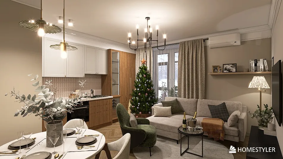 living room with modern furniture arrangement featuring a sofa and decorative table, showcasing a cozy style with holiday decor, optimized for small space design using Homestyler's smart furniture placement feature.