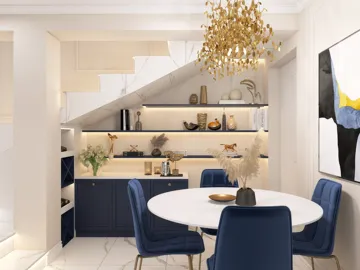 stylish modern kitchen design showcasing smart furniture arrangement in a minimalist style, enhancing the functionality of a small dining area using Homestyler's real-time 3D rendering feature.