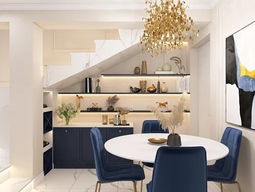 stylish modern kitchen design showcasing smart furniture arrangement in a minimalist style, enhancing the functionality of a small dining area using Homestyler's real-time 3D rendering feature.