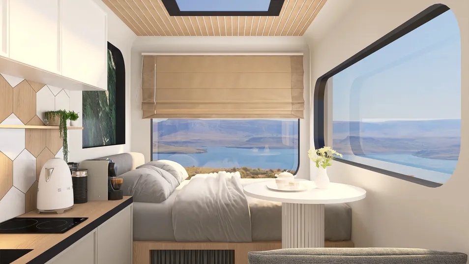 cozy bedroom with a stunning view using smart furniture arrangement in a modern design style, enhancing small space efficiency with Homestyler's real-time 3D rendering feature