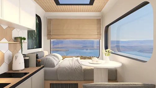 cozy bedroom with a stunning view using smart furniture arrangement in a modern design style, enhancing small space efficiency with Homestyler's real-time 3D rendering feature