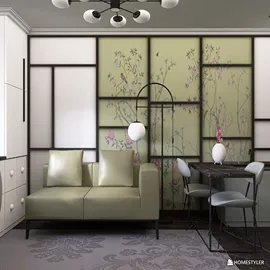 modern living room design featuring a light green sofa and a stylized floral partition, utilizing Homestyler's real-time 3D rendering for a realistic room preview