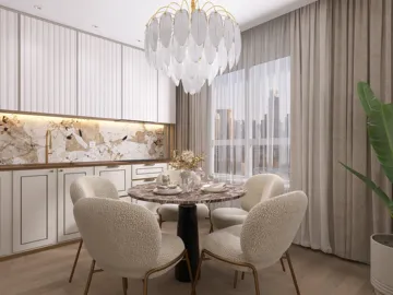 Elegant dining room featuring a round table adorned with fine china and floral arrangements, designed in a modern luxurious style, enhancing the dining experience with Homestyler's real-time 3D rendering feature.